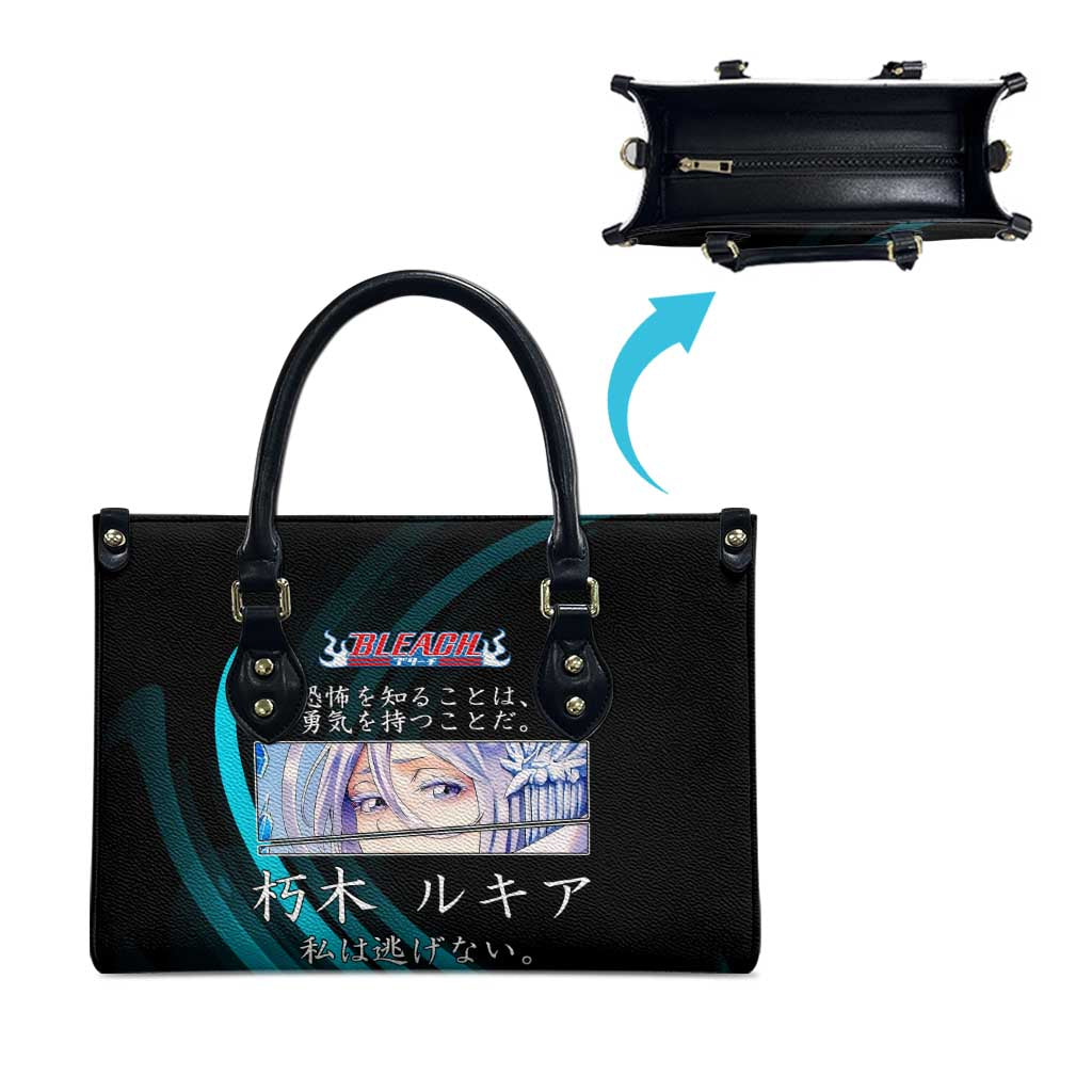 Rukia Kuchiki Bleach Anime Black and Teal Theme Leather Bag with Zanpakuto Pose and Japanese Quote Design - The Mazicc