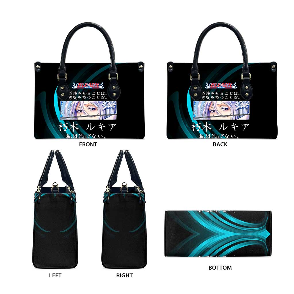 Rukia Kuchiki Bleach Anime Black and Teal Theme Leather Bag with Zanpakuto Pose and Japanese Quote Design - The Mazicc