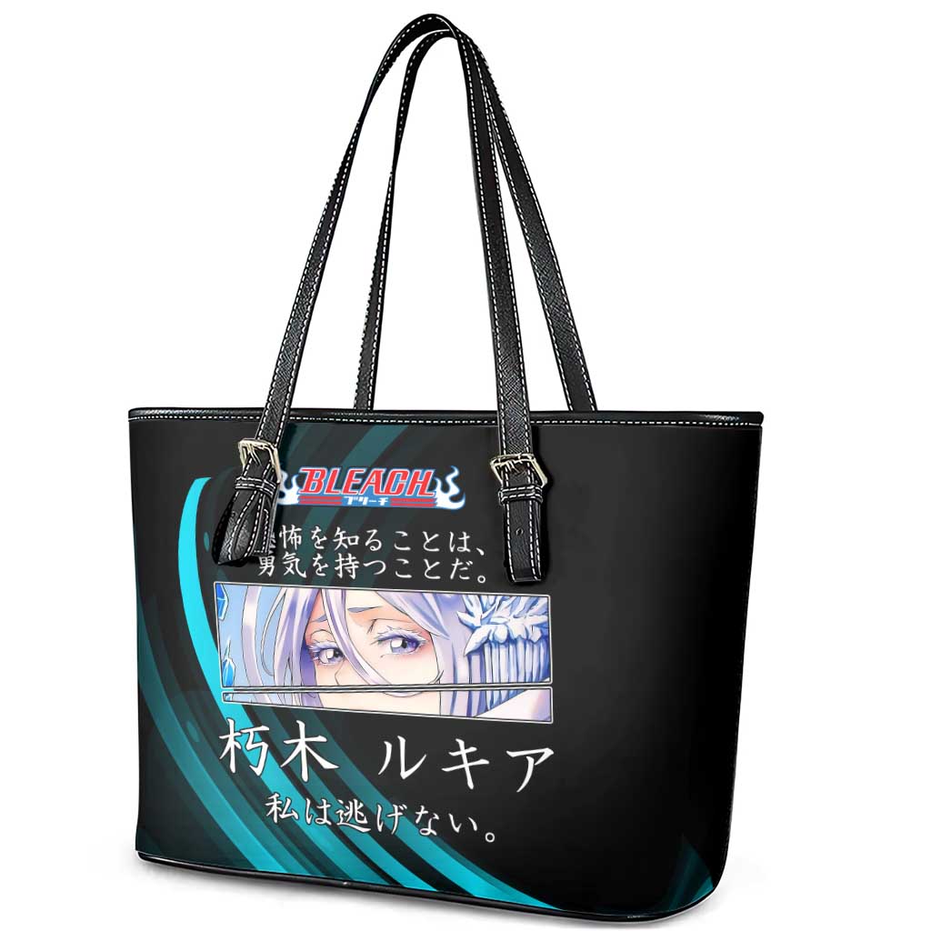 Rukia Kuchiki Bleach Anime Black and Teal Theme Leather Tote Bag with Zanpakuto Pose and Japanese Quote Design - The Mazicc
