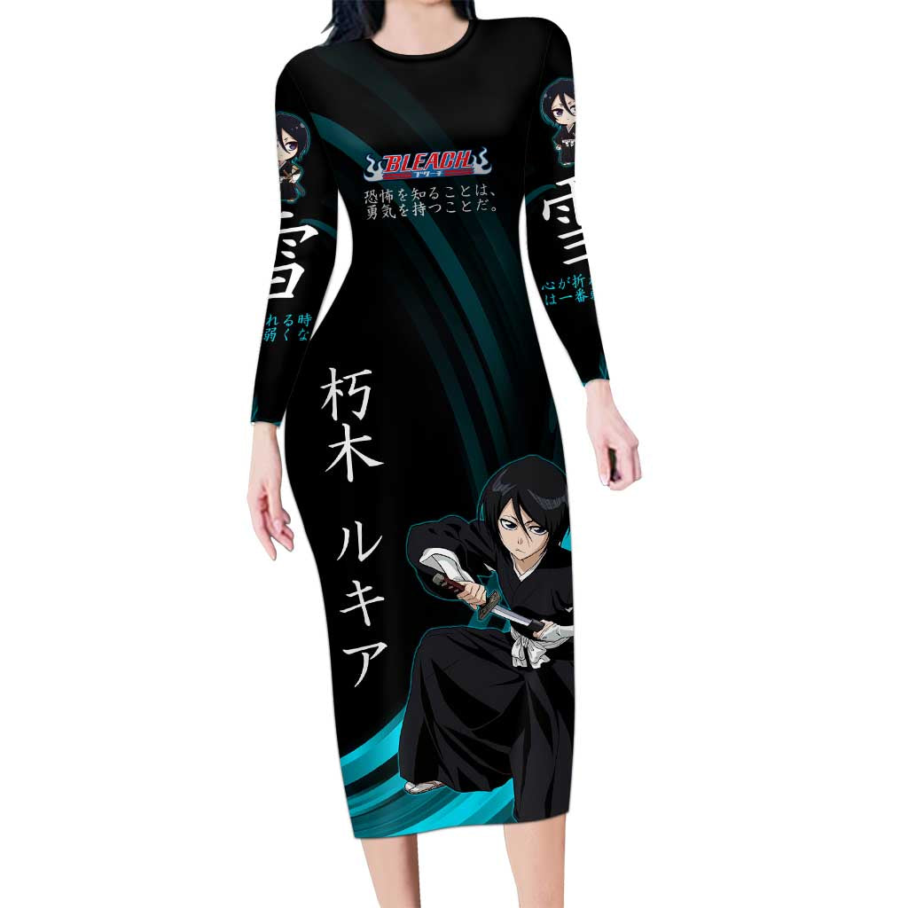 Rukia Kuchiki Bleach Anime Black and Teal Theme Long Sleeve Bodycon Dress with Zanpakuto Pose and Japanese Quote Design - The Mazicc