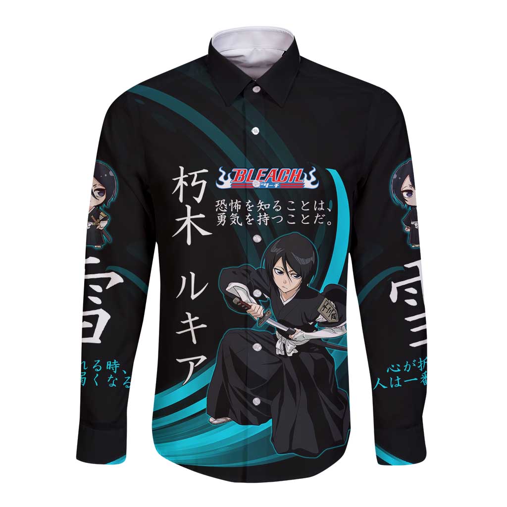 Rukia Kuchiki Bleach Anime Black and Teal Theme Long Sleeve Button Shirt with Zanpakuto Pose and Japanese Quote Design - The Mazicc