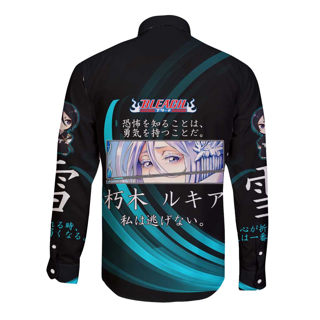 Rukia Kuchiki Bleach Anime Black and Teal Theme Long Sleeve Button Shirt with Zanpakuto Pose and Japanese Quote Design - The Mazicc