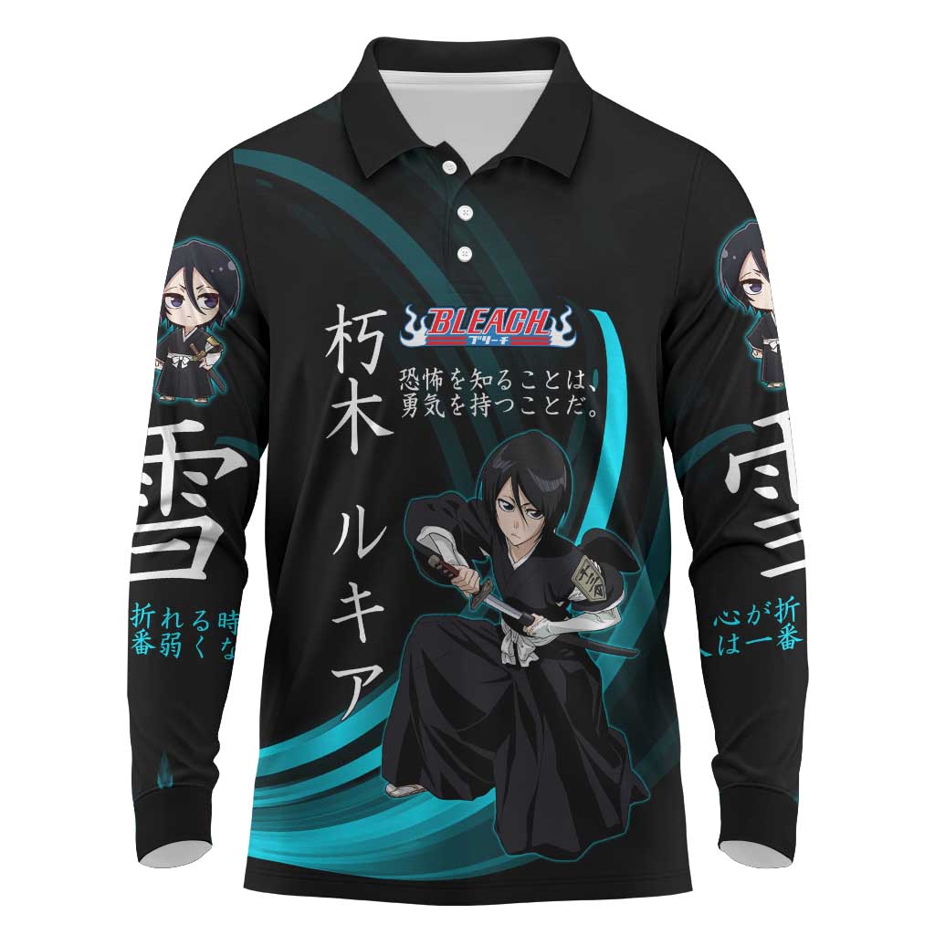 Rukia Kuchiki Bleach Anime Black and Teal Theme Long Sleeve Polo Shirt with Zanpakuto Pose and Japanese Quote Design - The Mazicc