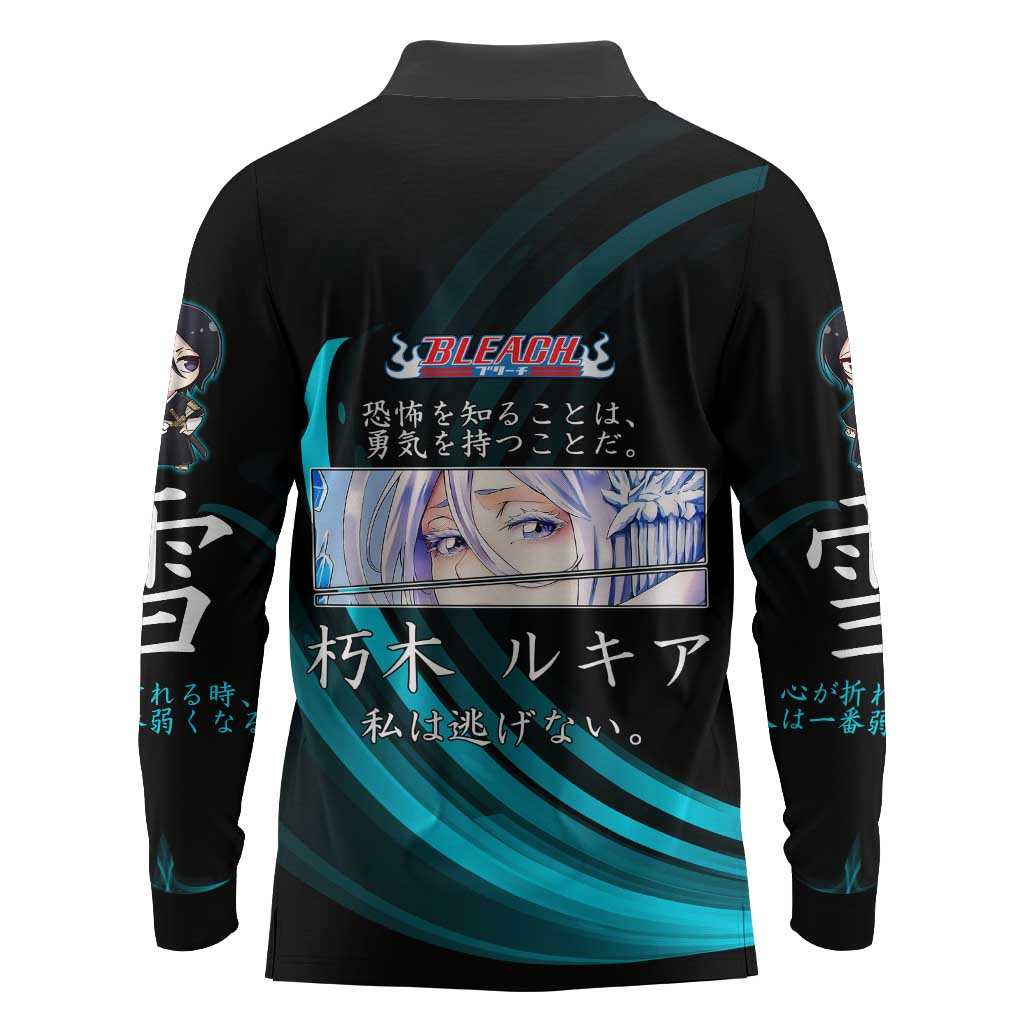 Rukia Kuchiki Bleach Anime Black and Teal Theme Long Sleeve Polo Shirt with Zanpakuto Pose and Japanese Quote Design - The Mazicc
