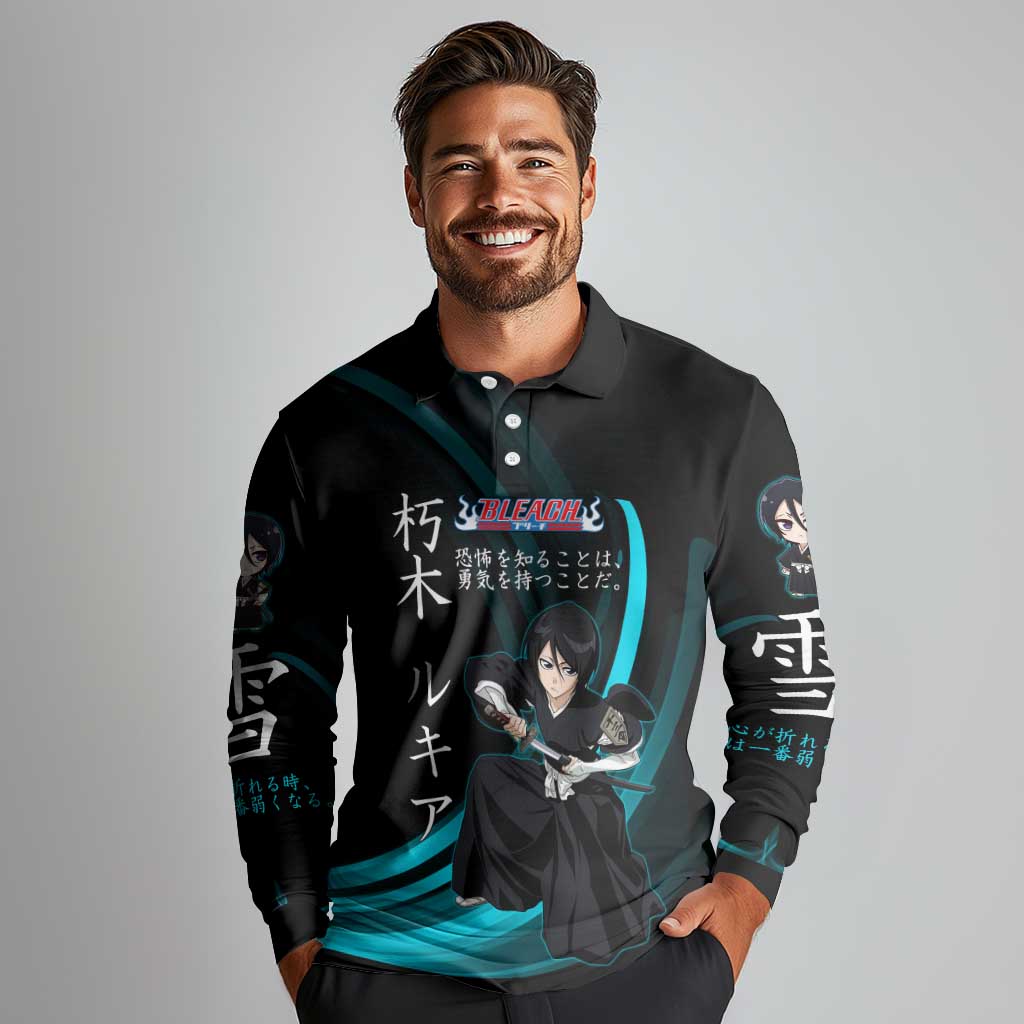Rukia Kuchiki Bleach Anime Black and Teal Theme Long Sleeve Polo Shirt with Zanpakuto Pose and Japanese Quote Design - The Mazicc