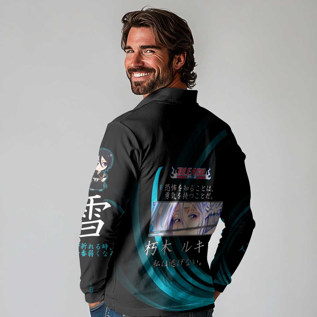 Rukia Kuchiki Bleach Anime Black and Teal Theme Long Sleeve Polo Shirt with Zanpakuto Pose and Japanese Quote Design - The Mazicc