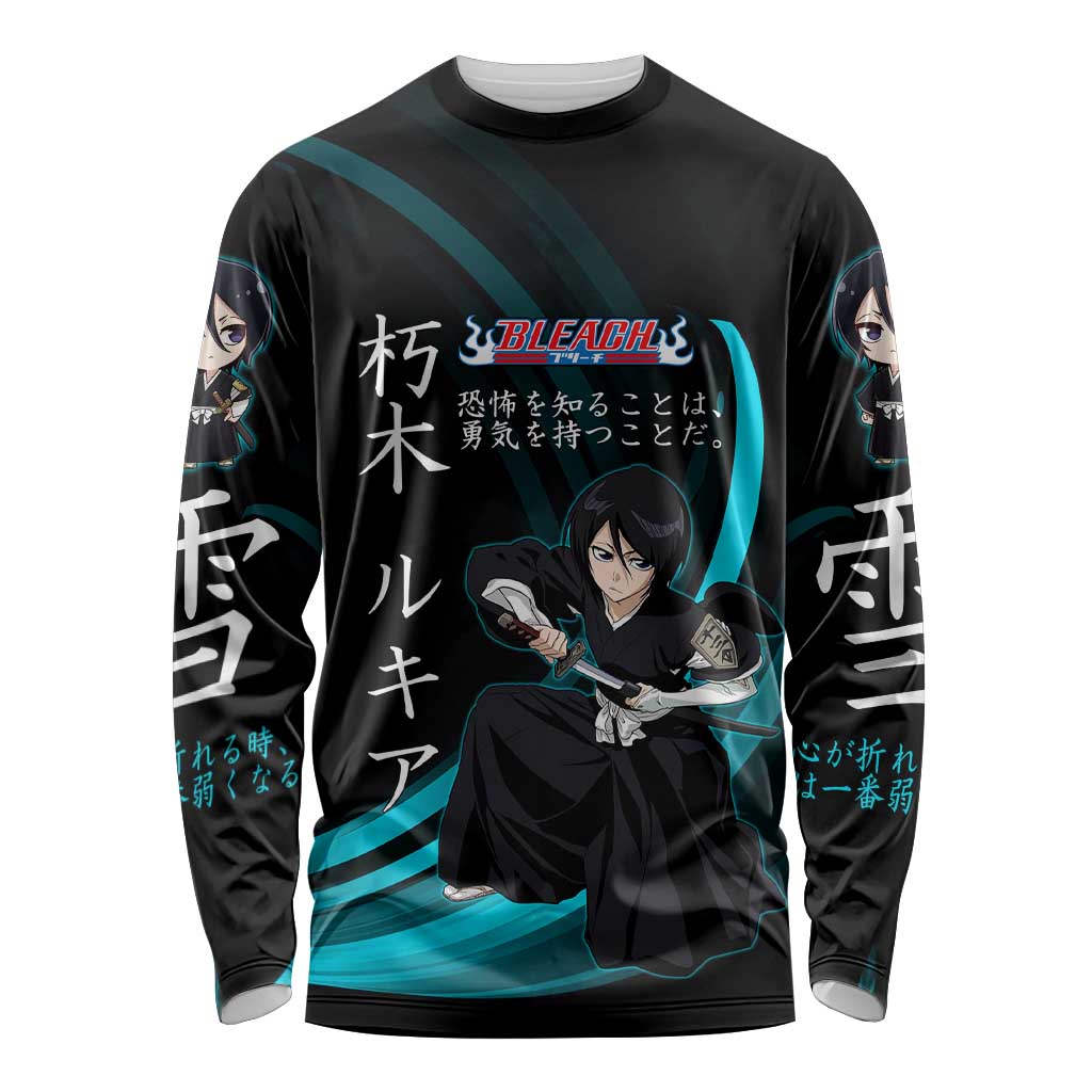 Rukia Kuchiki Bleach Anime Black and Teal Theme Long Sleeve Shirt with Zanpakuto Pose and Japanese Quote Design - The Mazicc