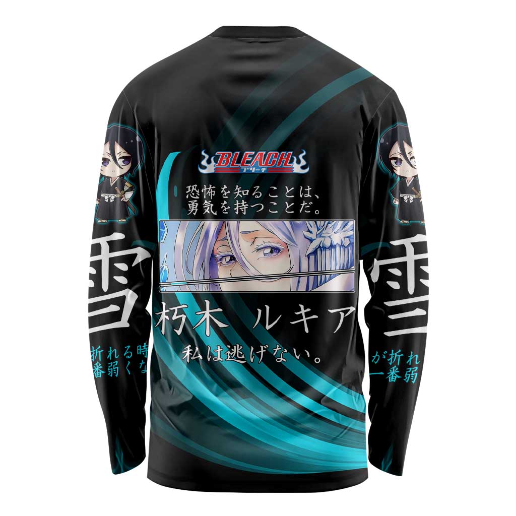 Rukia Kuchiki Bleach Anime Black and Teal Theme Long Sleeve Shirt with Zanpakuto Pose and Japanese Quote Design - The Mazicc