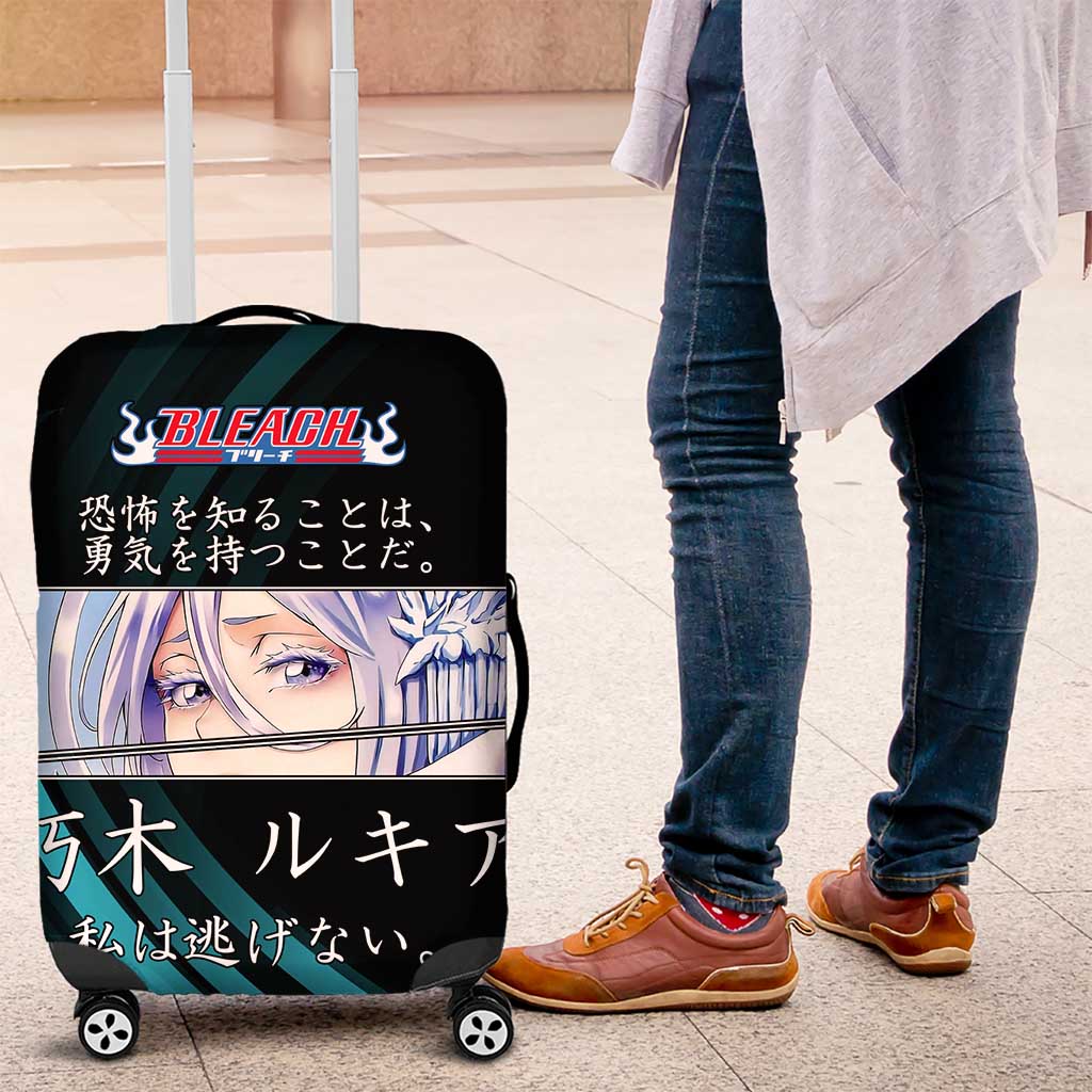 Rukia Kuchiki Bleach Anime Black and Teal Theme Luggage Cover with Zanpakuto Pose and Japanese Quote Design - The Mazicc