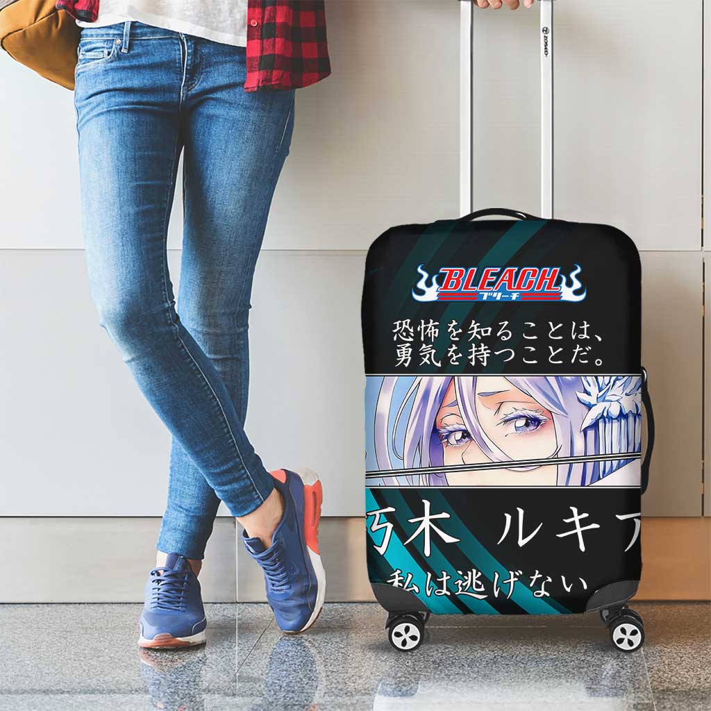 Rukia Kuchiki Bleach Anime Black and Teal Theme Luggage Cover with Zanpakuto Pose and Japanese Quote Design - The Mazicc