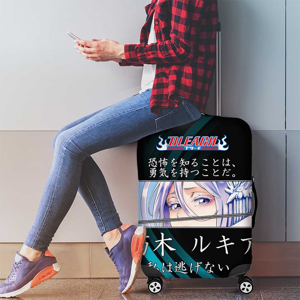 Rukia Kuchiki Bleach Anime Black and Teal Theme Luggage Cover with Zanpakuto Pose and Japanese Quote Design - The Mazicc