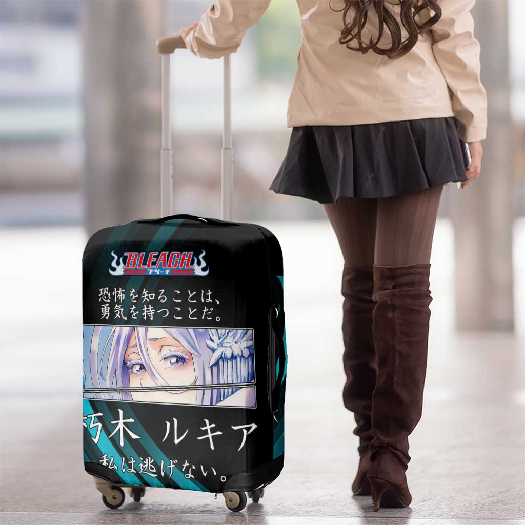 Rukia Kuchiki Bleach Anime Black and Teal Theme Luggage Cover with Zanpakuto Pose and Japanese Quote Design - The Mazicc