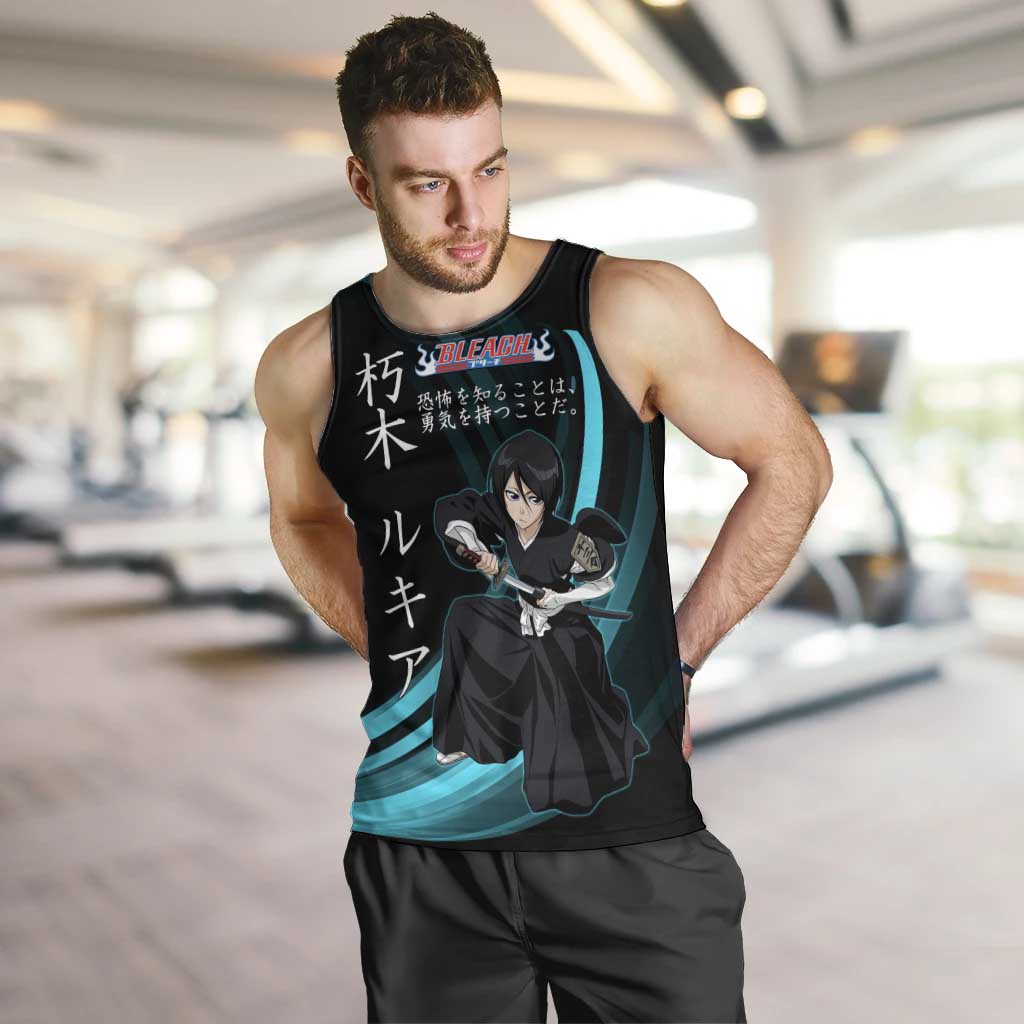 Rukia Kuchiki Bleach Anime Black and Teal Theme Men Tank Top with Zanpakuto Pose and Japanese Quote Design - The Mazicc