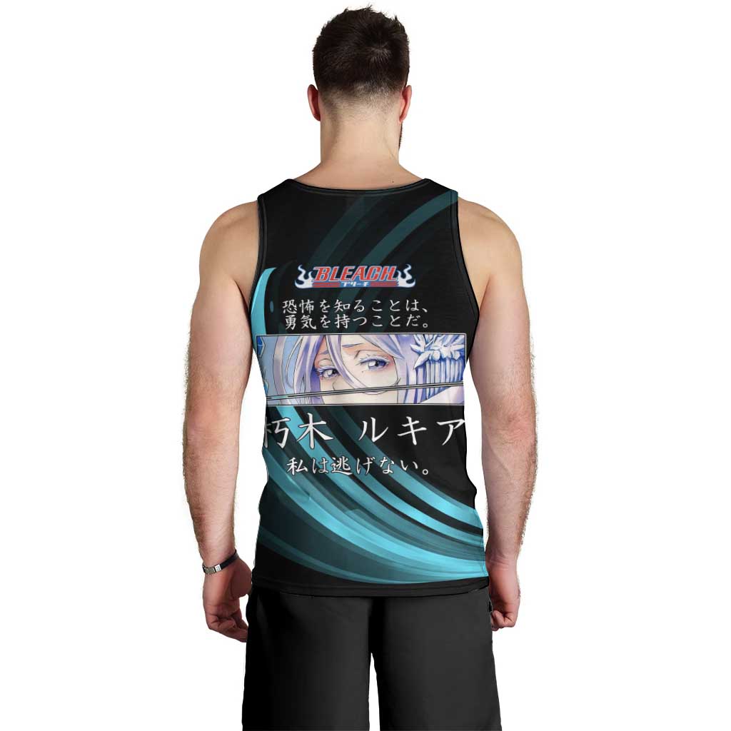 Rukia Kuchiki Bleach Anime Black and Teal Theme Men Tank Top with Zanpakuto Pose and Japanese Quote Design - The Mazicc