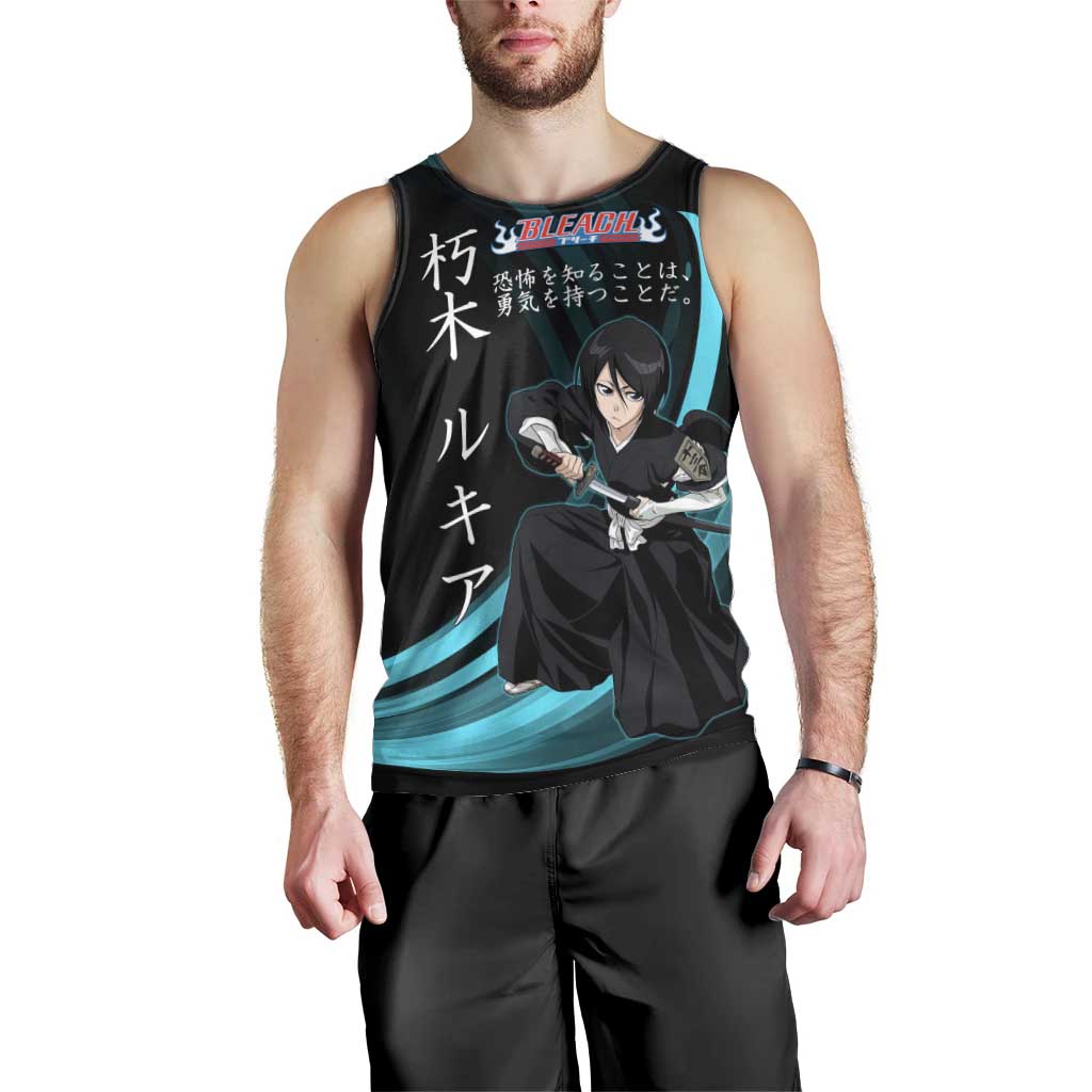 Rukia Kuchiki Bleach Anime Black and Teal Theme Men Tank Top with Zanpakuto Pose and Japanese Quote Design - The Mazicc
