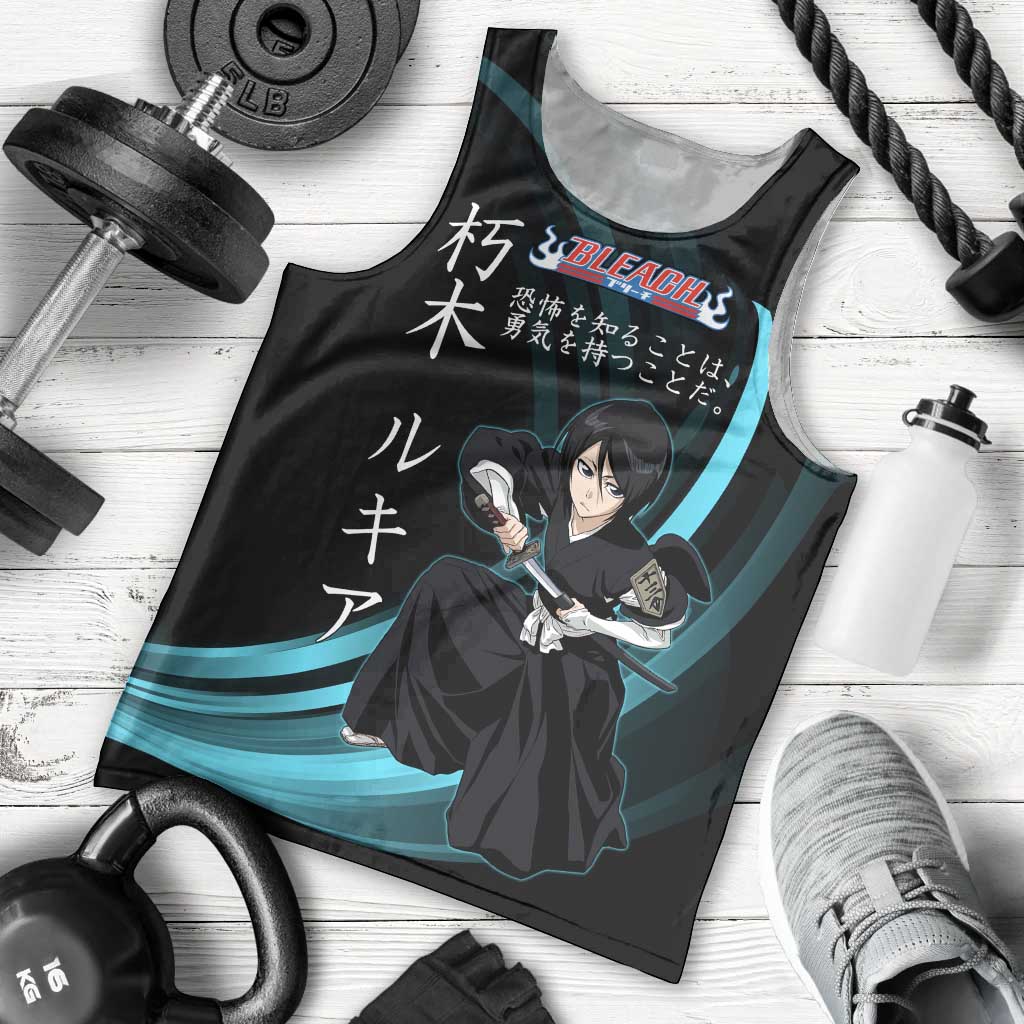 Rukia Kuchiki Bleach Anime Black and Teal Theme Men Tank Top with Zanpakuto Pose and Japanese Quote Design - The Mazicc