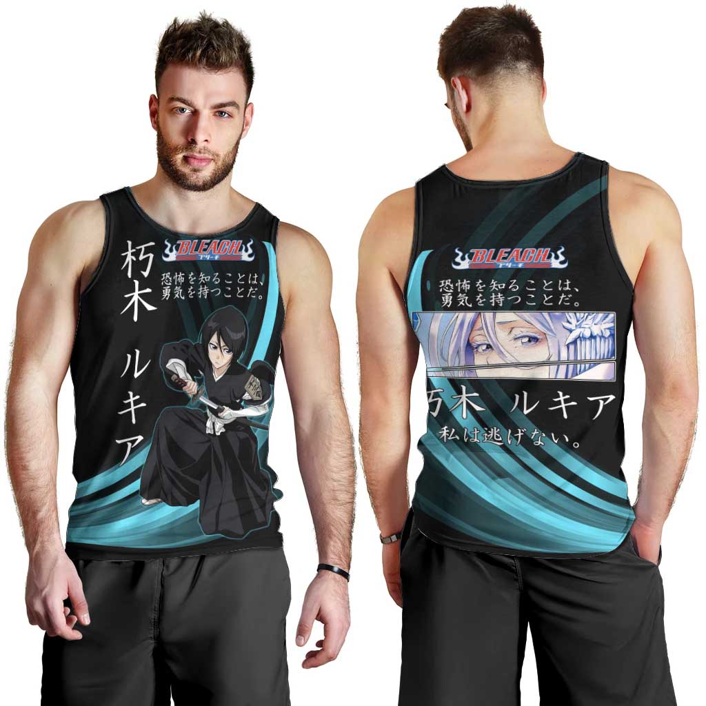 Rukia Kuchiki Bleach Anime Black and Teal Theme Men Tank Top with Zanpakuto Pose and Japanese Quote Design - The Mazicc