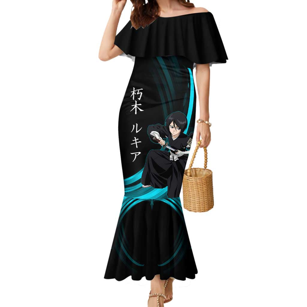 Rukia Kuchiki Bleach Anime Black and Teal Theme Mermaid Dress with Zanpakuto Pose and Japanese Quote Design - The Mazicc