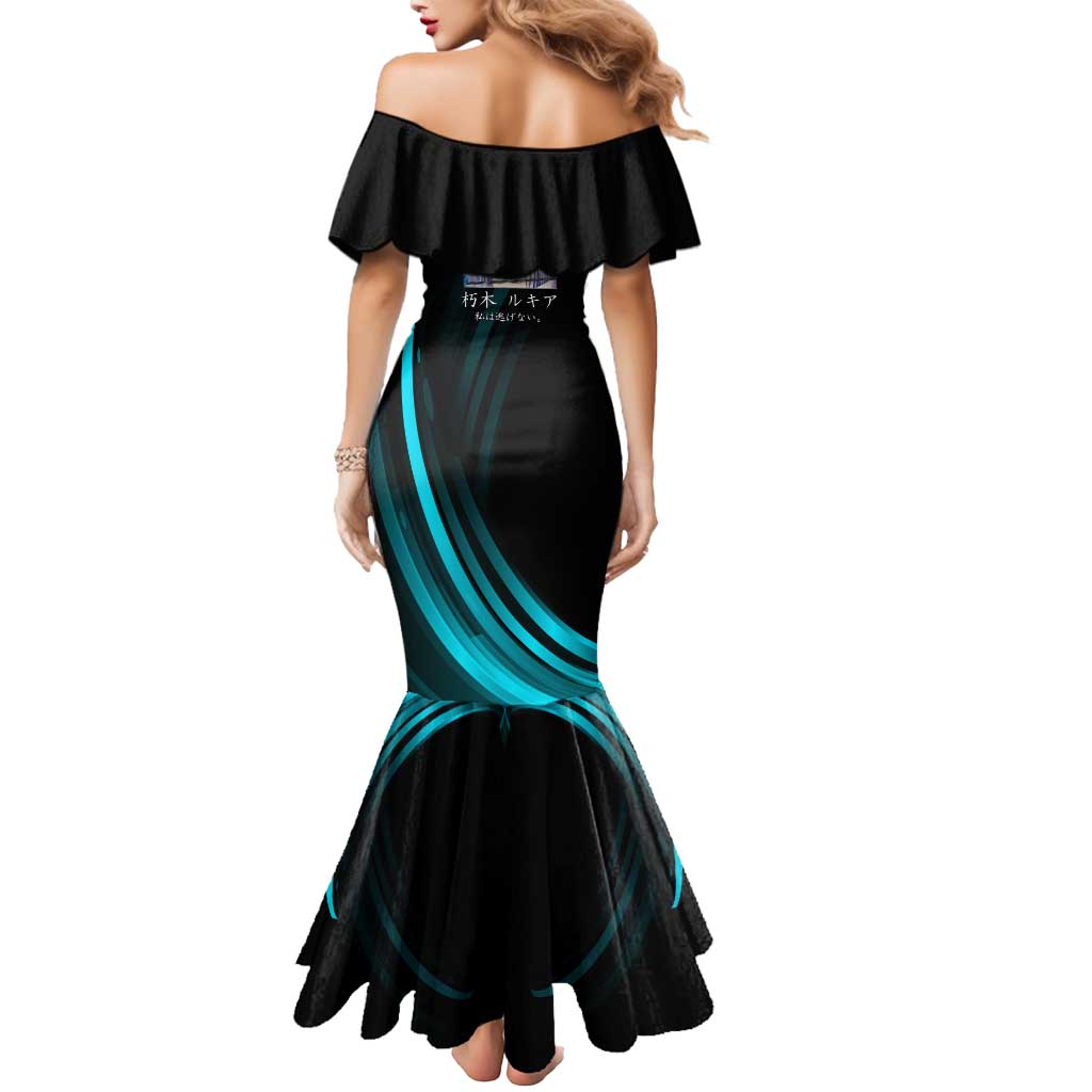 Rukia Kuchiki Bleach Anime Black and Teal Theme Mermaid Dress with Zanpakuto Pose and Japanese Quote Design - The Mazicc