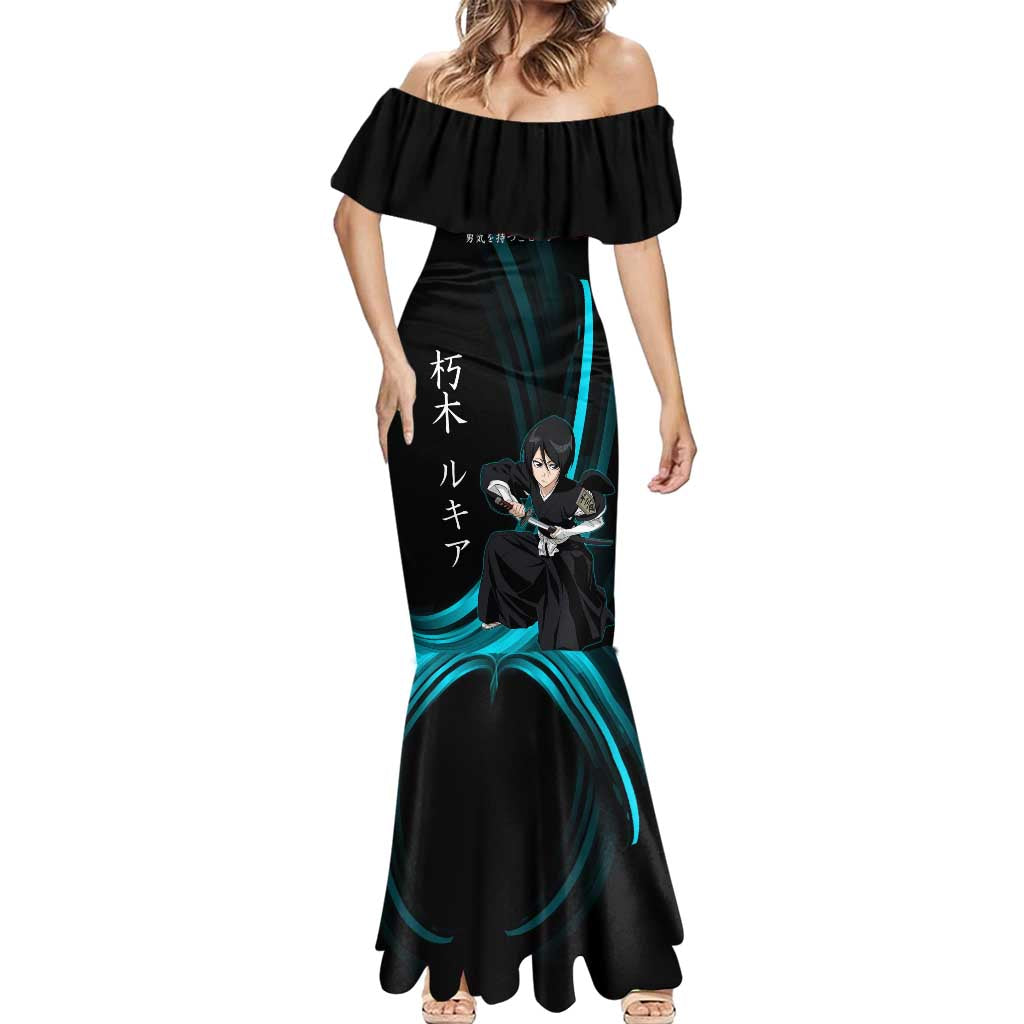 Rukia Kuchiki Bleach Anime Black and Teal Theme Mermaid Dress with Zanpakuto Pose and Japanese Quote Design - The Mazicc