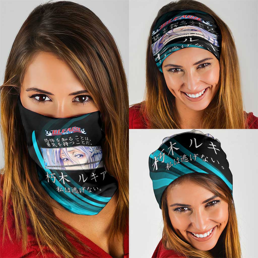 Rukia Kuchiki Bleach Anime Black and Teal Theme Neck Gaiter with Zanpakuto Pose and Japanese Quote Design - The Mazicc
