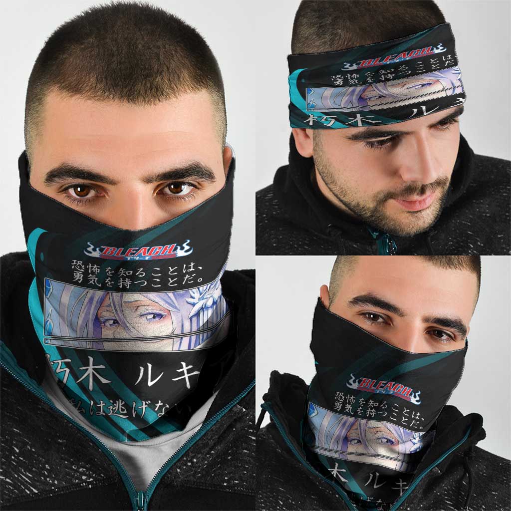 Rukia Kuchiki Bleach Anime Black and Teal Theme Neck Gaiter with Zanpakuto Pose and Japanese Quote Design - The Mazicc