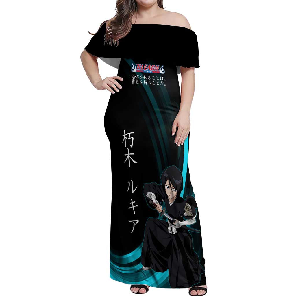 Rukia Kuchiki Bleach Anime Black and Teal Theme Off Shoulder Maxi Dress with Zanpakuto Pose and Japanese Quote Design - The Mazicc