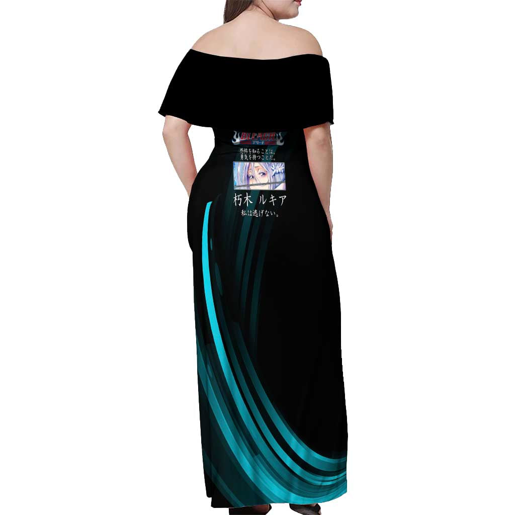Rukia Kuchiki Bleach Anime Black and Teal Theme Off Shoulder Maxi Dress with Zanpakuto Pose and Japanese Quote Design - The Mazicc