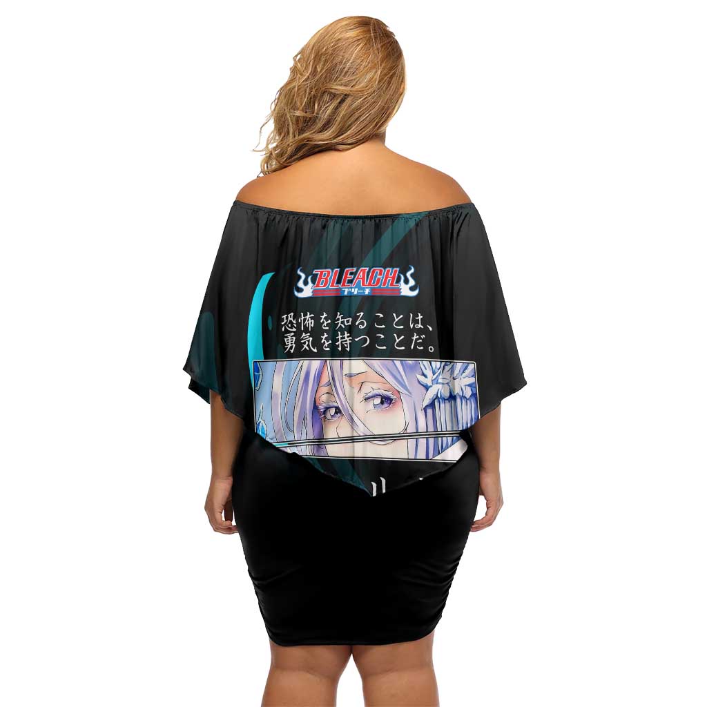 Rukia Kuchiki Bleach Anime Black and Teal Theme Off Shoulder Short Dress with Zanpakuto Pose and Japanese Quote Design - The Mazicc