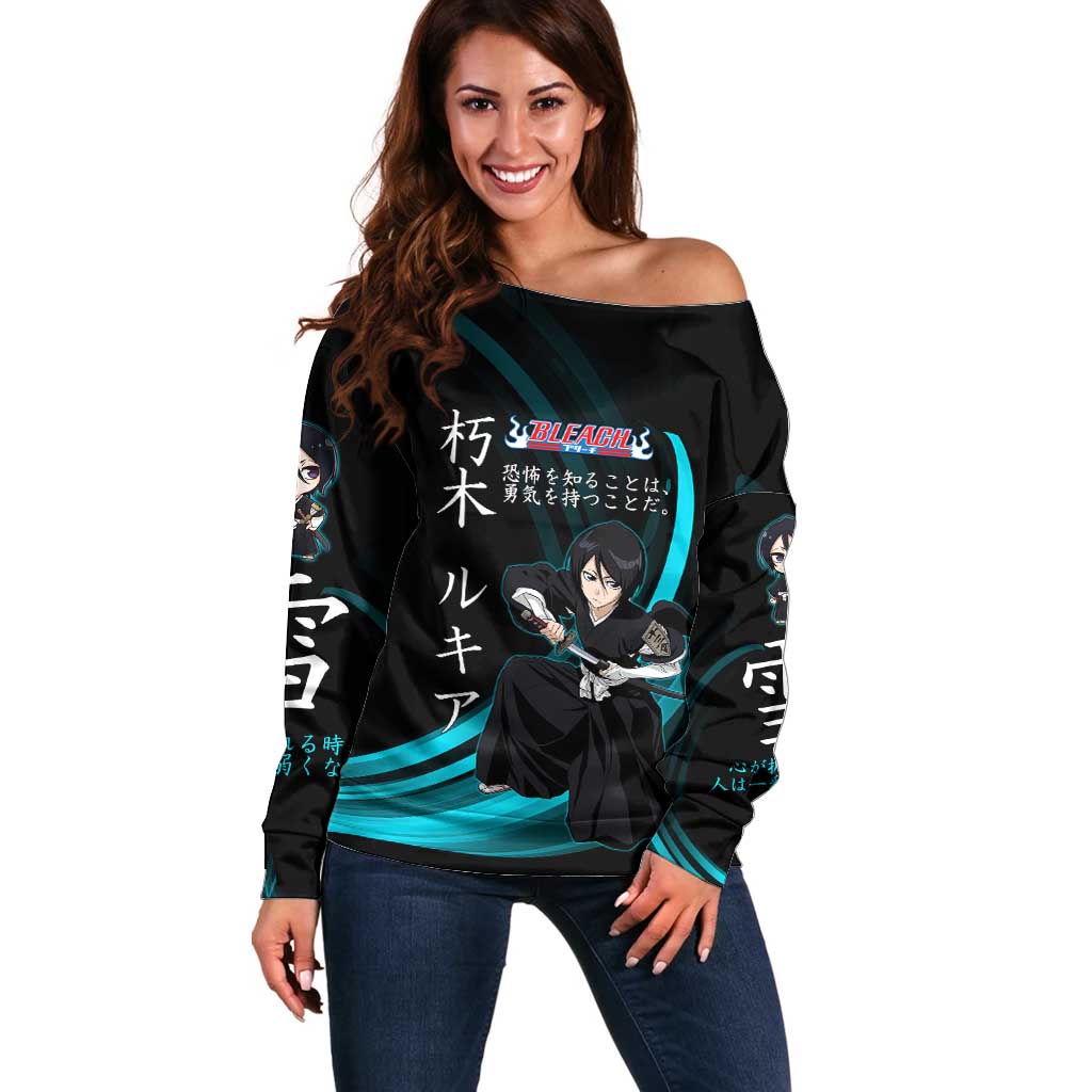 Rukia Kuchiki Bleach Anime Black and Teal Theme Off Shoulder Sweater with Zanpakuto Pose and Japanese Quote Design - The Mazicc