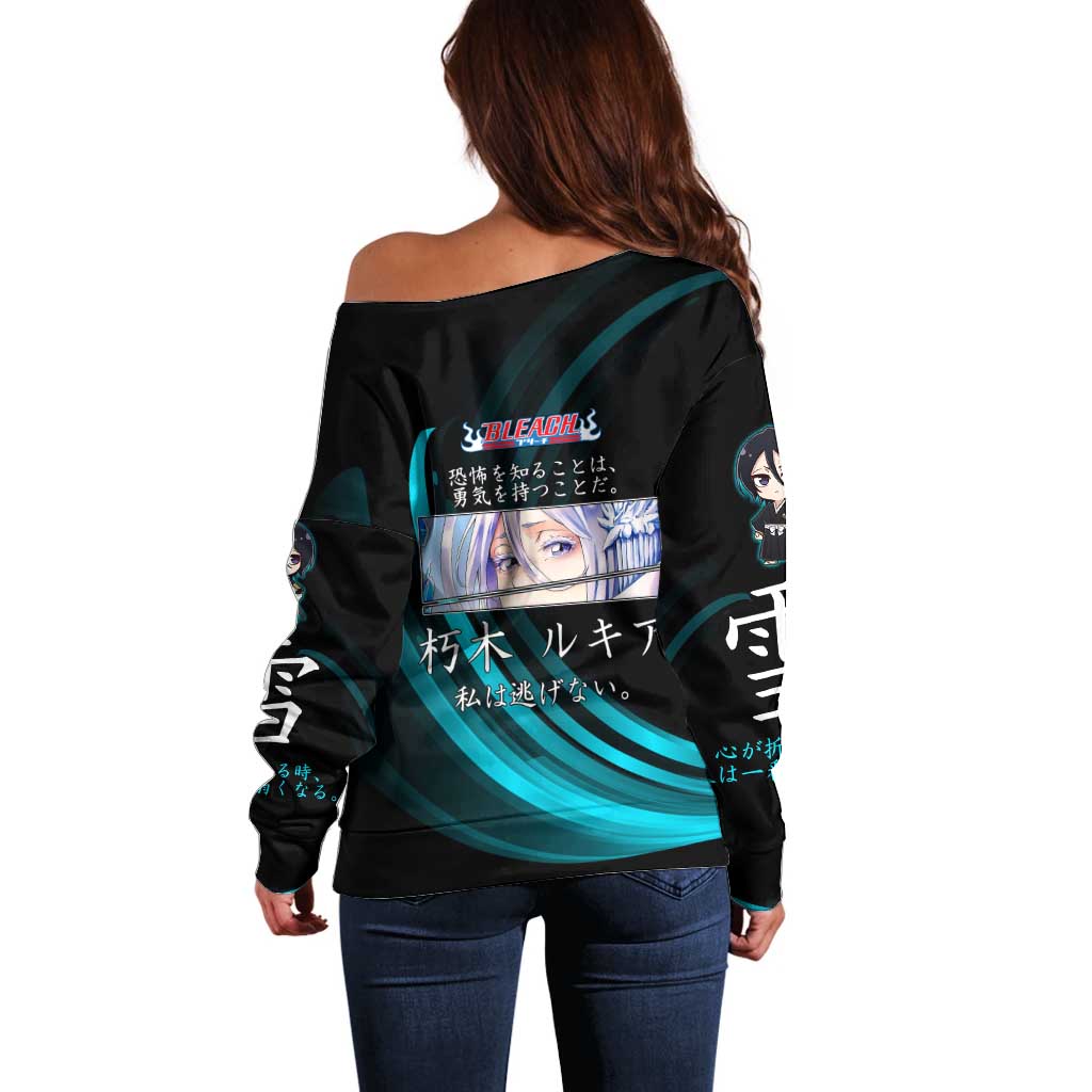 Rukia Kuchiki Bleach Anime Black and Teal Theme Off Shoulder Sweater with Zanpakuto Pose and Japanese Quote Design - The Mazicc