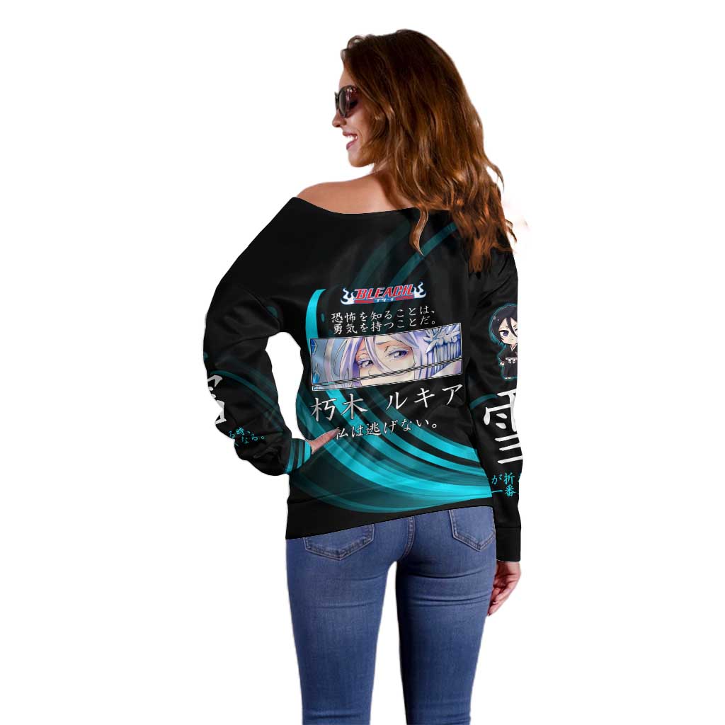 Rukia Kuchiki Bleach Anime Black and Teal Theme Off Shoulder Sweater with Zanpakuto Pose and Japanese Quote Design - The Mazicc
