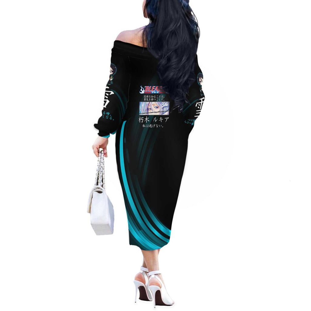 Rukia Kuchiki Bleach Anime Black and Teal Theme Off The Shoulder Long Sleeve Dress with Zanpakuto Pose and Japanese Quote Design - The Mazicc