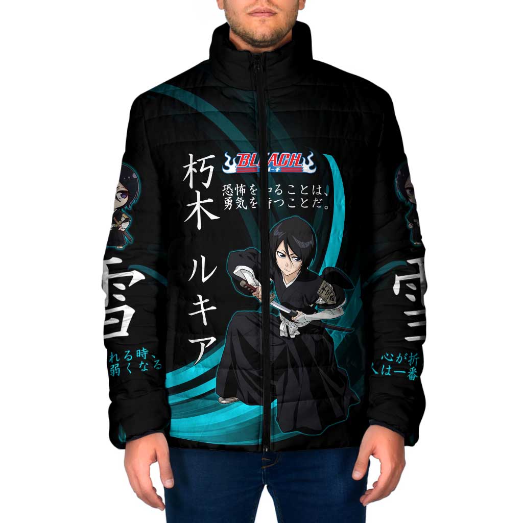Rukia Kuchiki Bleach Anime Black and Teal Theme Padded Jacket with Zanpakuto Pose and Japanese Quote Design - The Mazicc