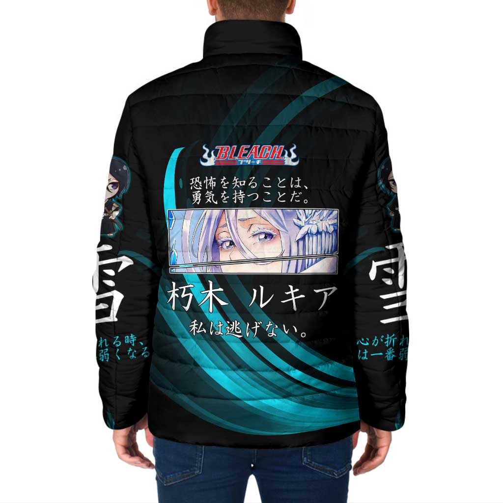 Rukia Kuchiki Bleach Anime Black and Teal Theme Padded Jacket with Zanpakuto Pose and Japanese Quote Design - The Mazicc