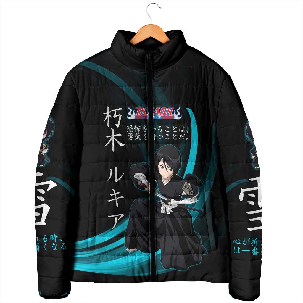Rukia Kuchiki Bleach Anime Black and Teal Theme Padded Jacket with Zanpakuto Pose and Japanese Quote Design - The Mazicc
