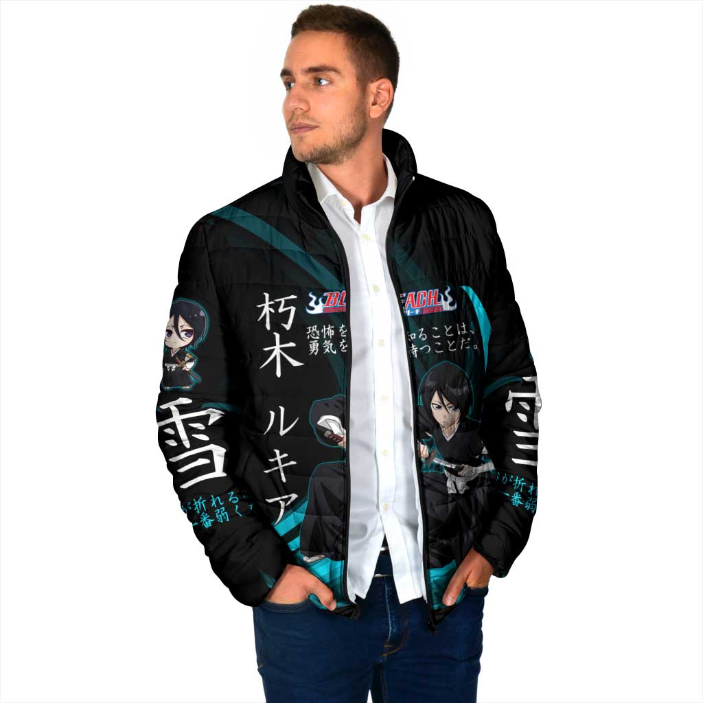 Rukia Kuchiki Bleach Anime Black and Teal Theme Padded Jacket with Zanpakuto Pose and Japanese Quote Design - The Mazicc