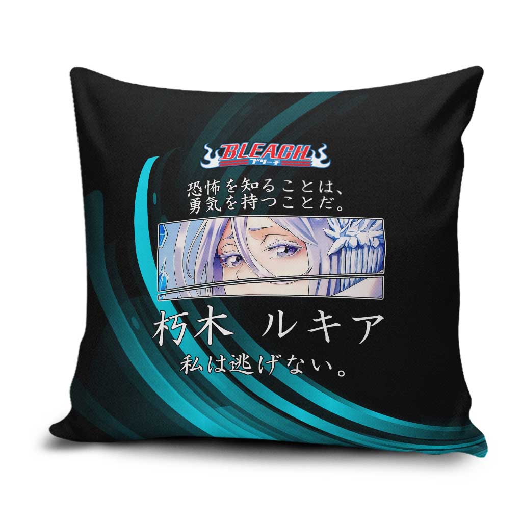 Rukia Kuchiki Bleach Anime Black and Teal Theme Pillow Cover with Zanpakuto Pose and Japanese Quote Design - The Mazicc