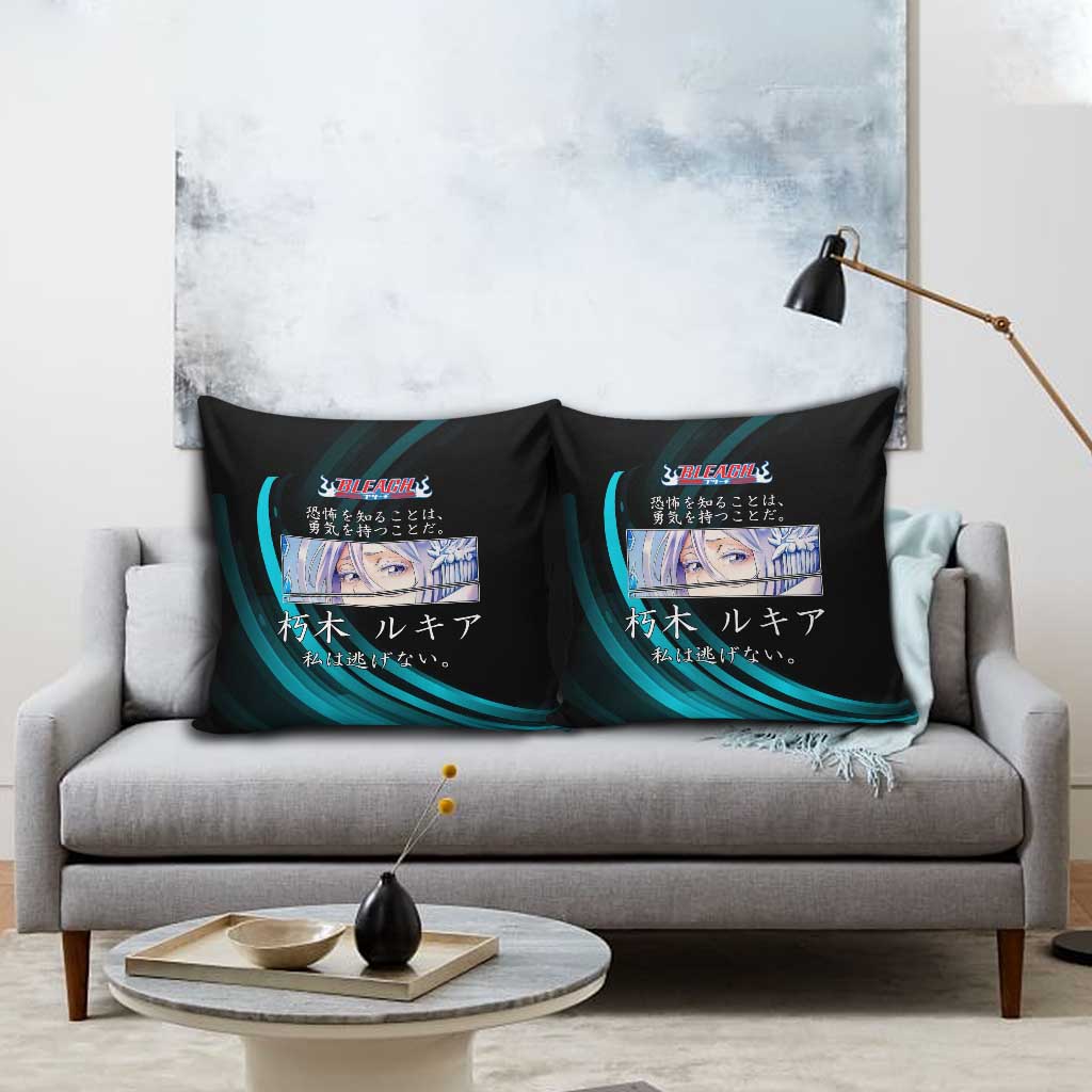 Rukia Kuchiki Bleach Anime Black and Teal Theme Pillow Cover with Zanpakuto Pose and Japanese Quote Design - The Mazicc