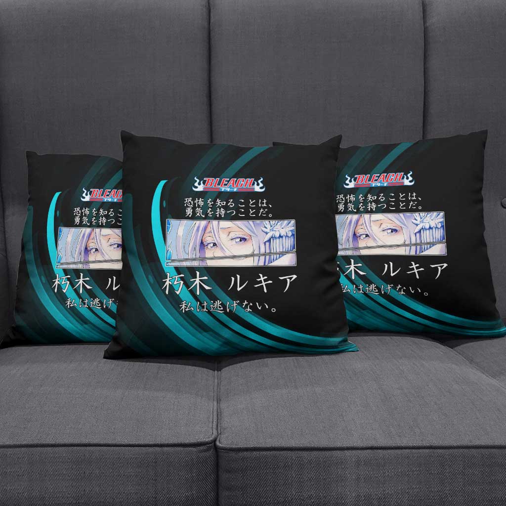 Rukia Kuchiki Bleach Anime Black and Teal Theme Pillow Cover with Zanpakuto Pose and Japanese Quote Design - The Mazicc
