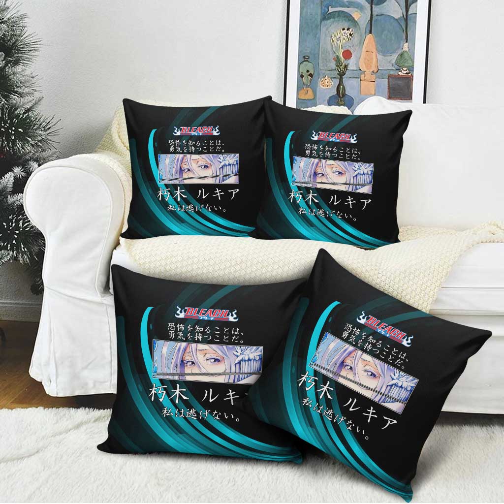 Rukia Kuchiki Bleach Anime Black and Teal Theme Pillow Cover with Zanpakuto Pose and Japanese Quote Design - The Mazicc