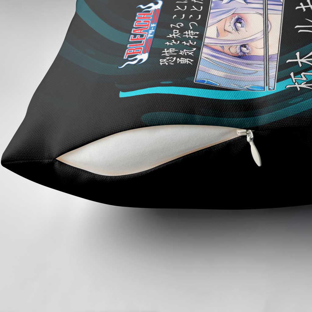Rukia Kuchiki Bleach Anime Black and Teal Theme Pillow Cover with Zanpakuto Pose and Japanese Quote Design - The Mazicc