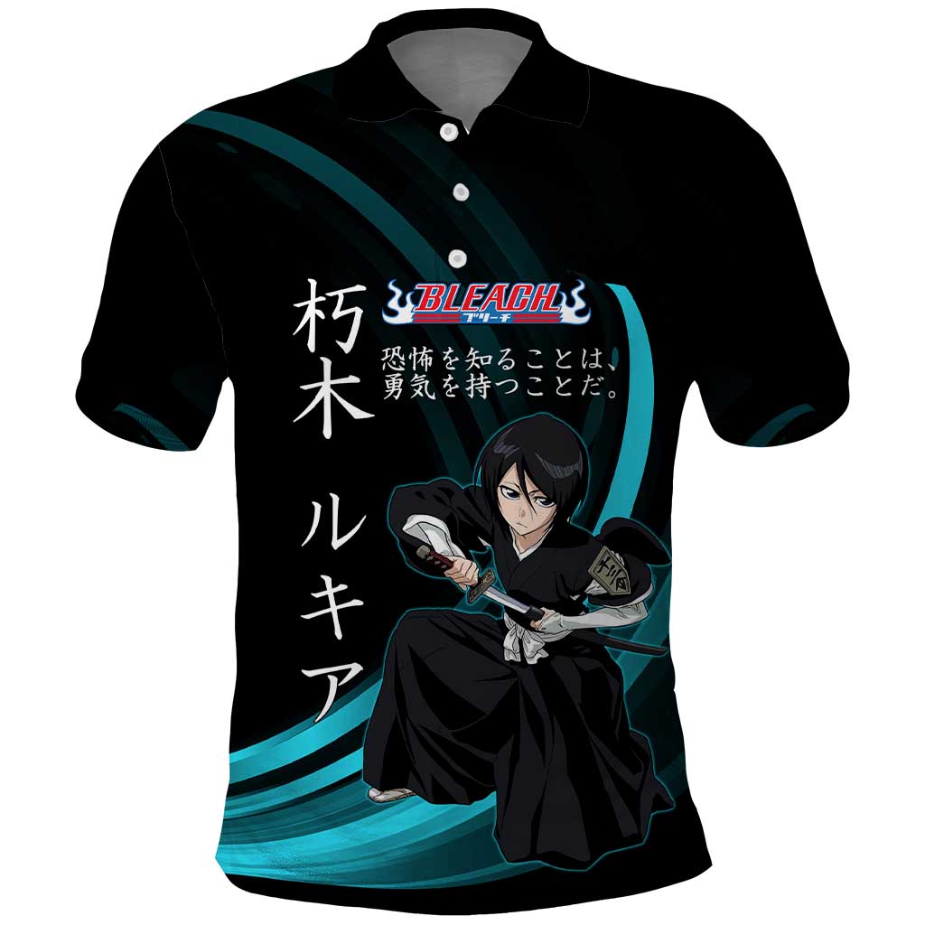 Rukia Kuchiki Bleach Anime Black and Teal Theme Polo Shirt with Zanpakuto Pose and Japanese Quote Design - The Mazicc