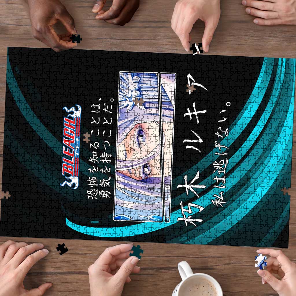 Rukia Kuchiki Bleach Anime Black and Teal Theme Puzzle with Zanpakuto Pose and Japanese Quote Design - The Mazicc