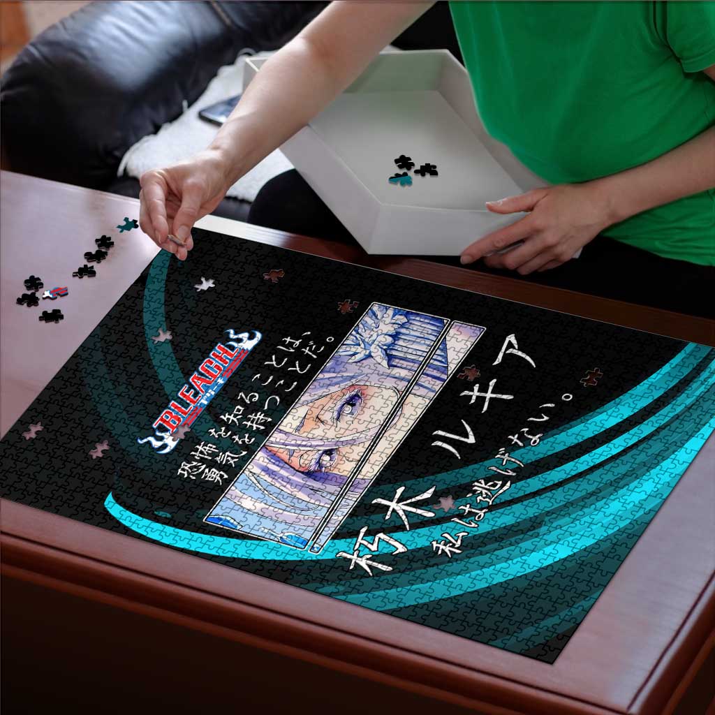 Rukia Kuchiki Bleach Anime Black and Teal Theme Puzzle with Zanpakuto Pose and Japanese Quote Design - The Mazicc