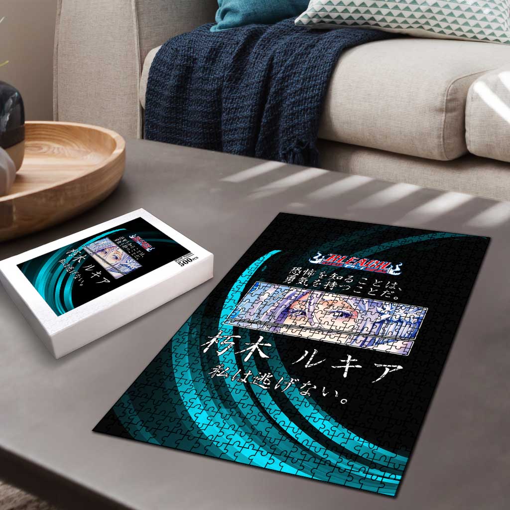 Rukia Kuchiki Bleach Anime Black and Teal Theme Puzzle with Zanpakuto Pose and Japanese Quote Design - The Mazicc