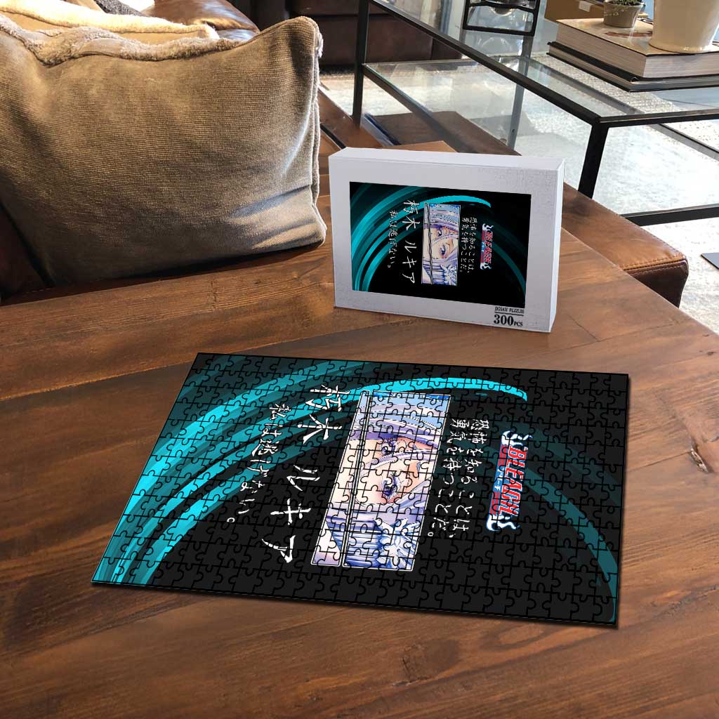 Rukia Kuchiki Bleach Anime Black and Teal Theme Puzzle with Zanpakuto Pose and Japanese Quote Design - The Mazicc