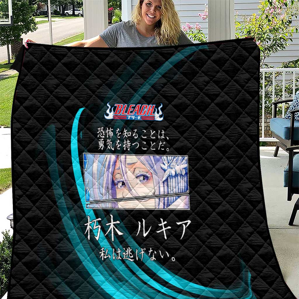 Rukia Kuchiki Bleach Anime Black and Teal Theme Quilt with Zanpakuto Pose and Japanese Quote Design - The Mazicc