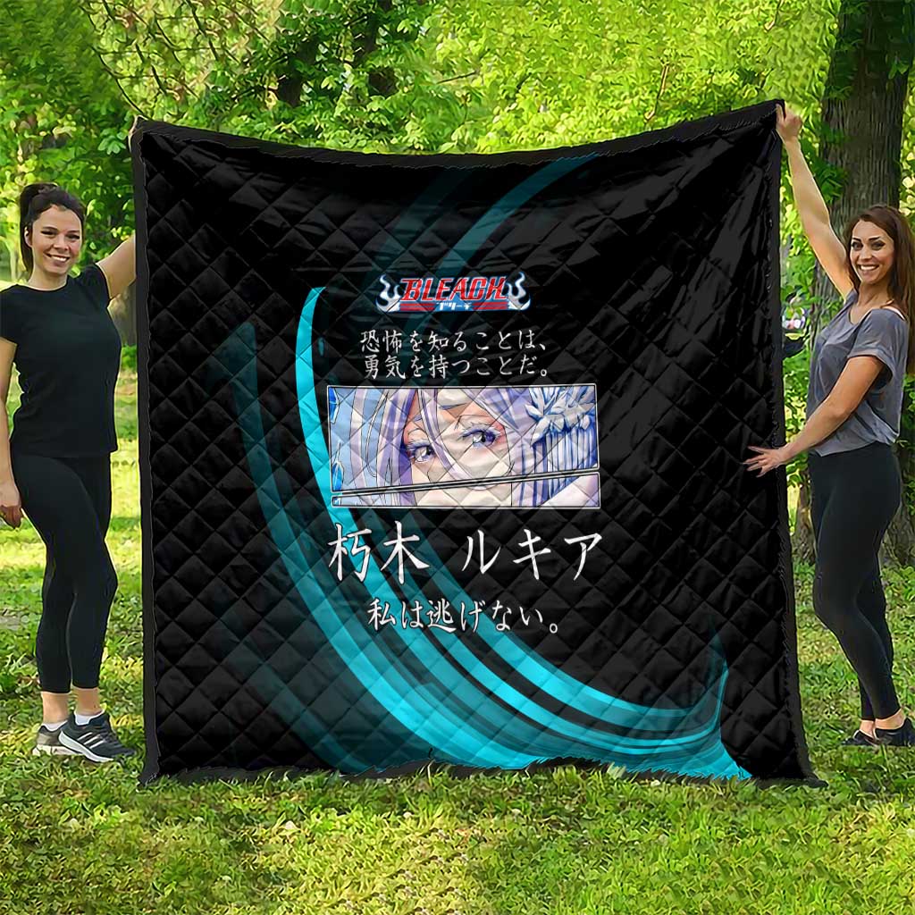 Rukia Kuchiki Bleach Anime Black and Teal Theme Quilt with Zanpakuto Pose and Japanese Quote Design - The Mazicc