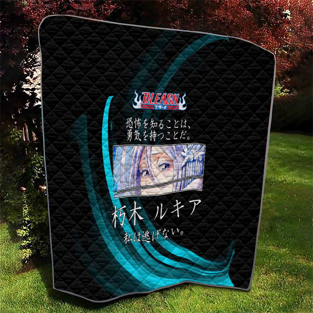 Rukia Kuchiki Bleach Anime Black and Teal Theme Quilt with Zanpakuto Pose and Japanese Quote Design - The Mazicc